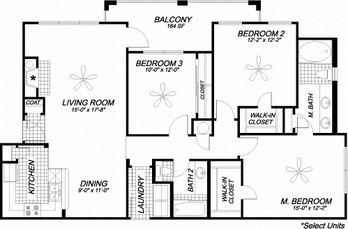 Floor plan for 3 beds, 2 baths, 1352 sqft